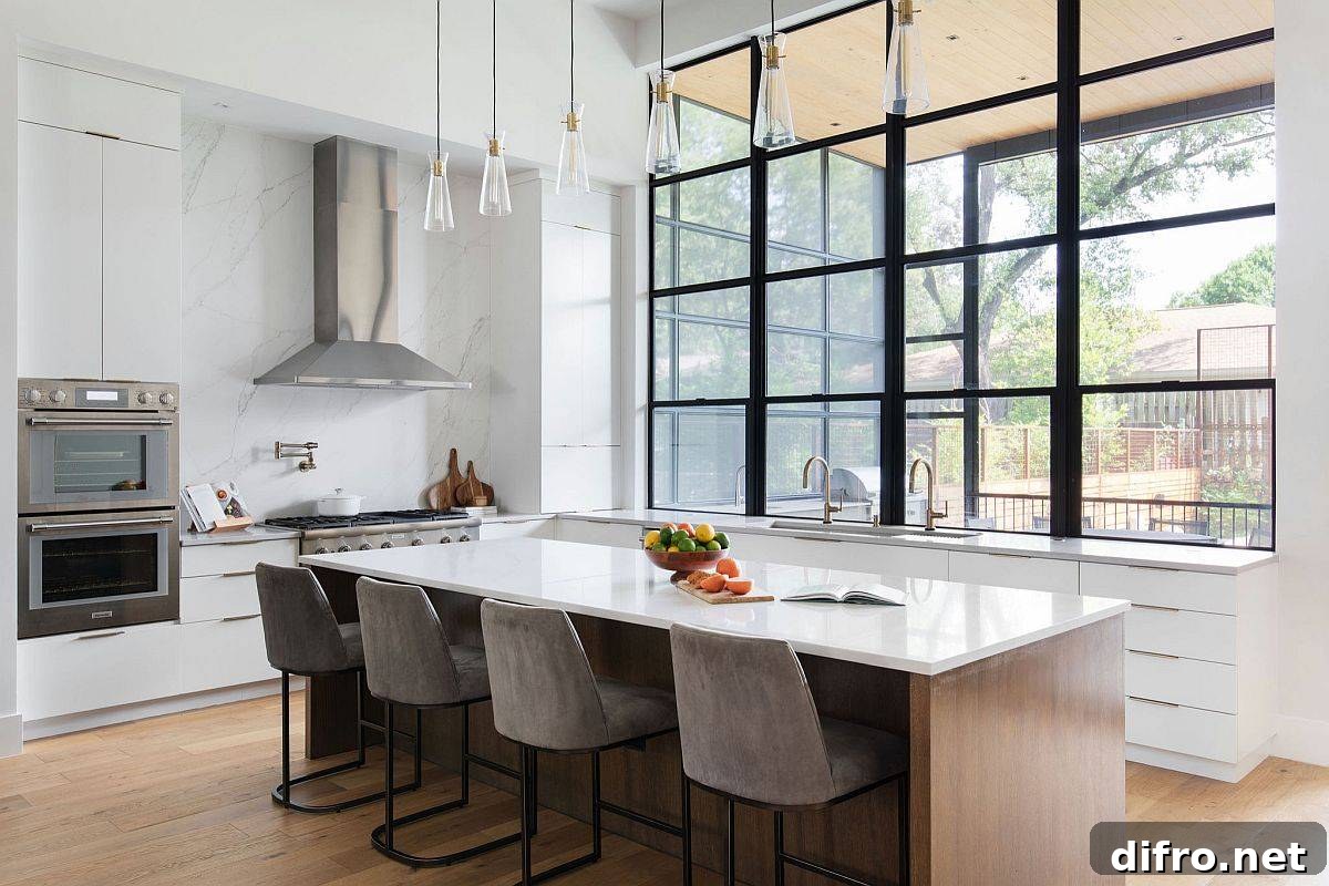Double-height kitchen with large window