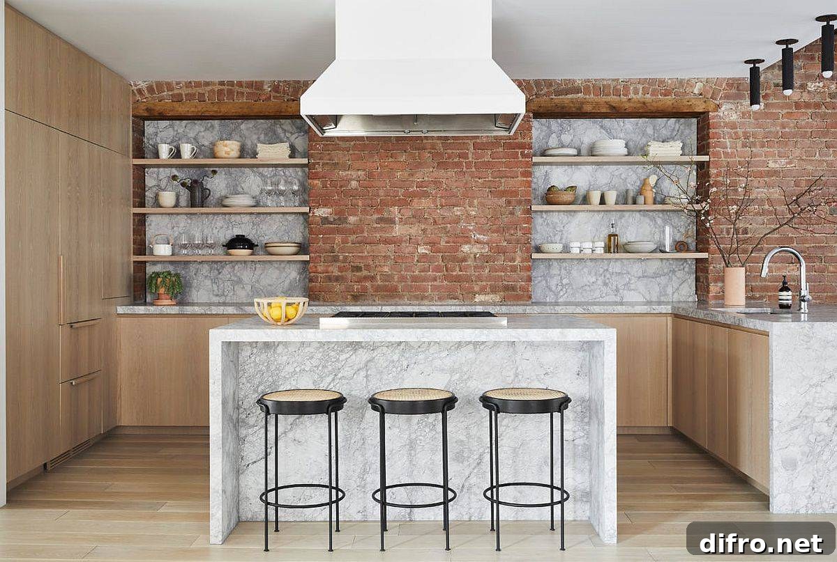 Floating shelves above brick backsplash