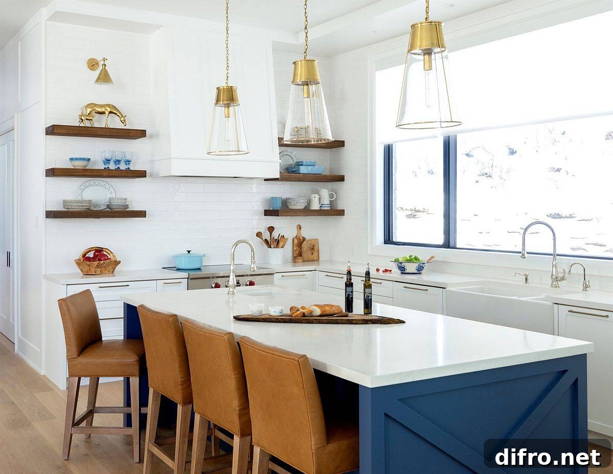 Blue and white kitchen with floating shelves
