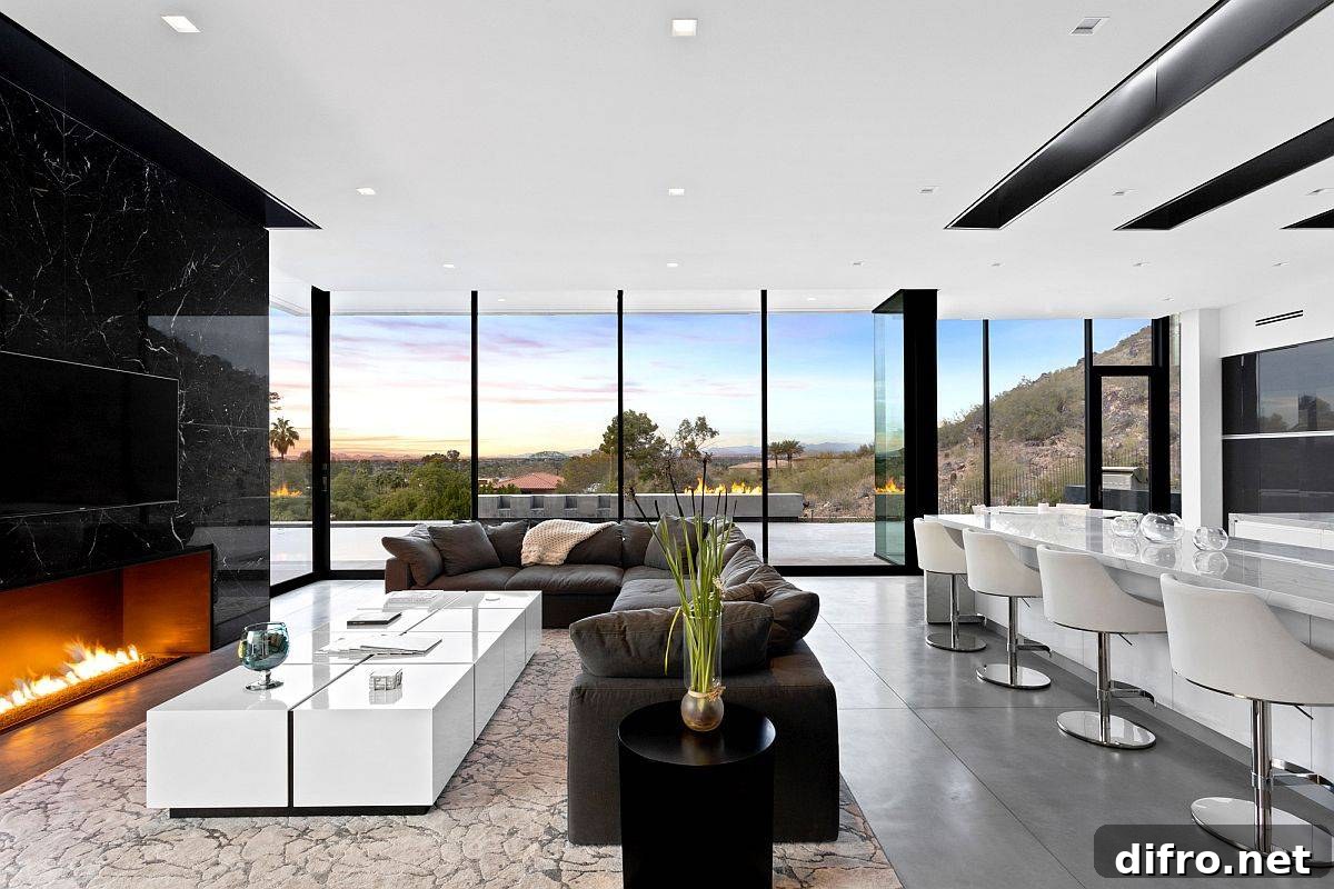 Living room with floor-to-ceiling glass and a polished dark stone fireplace
