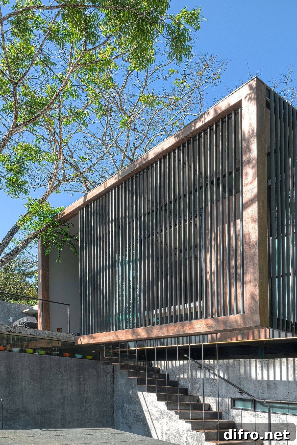 Custom entry combining concrete, wood and metal