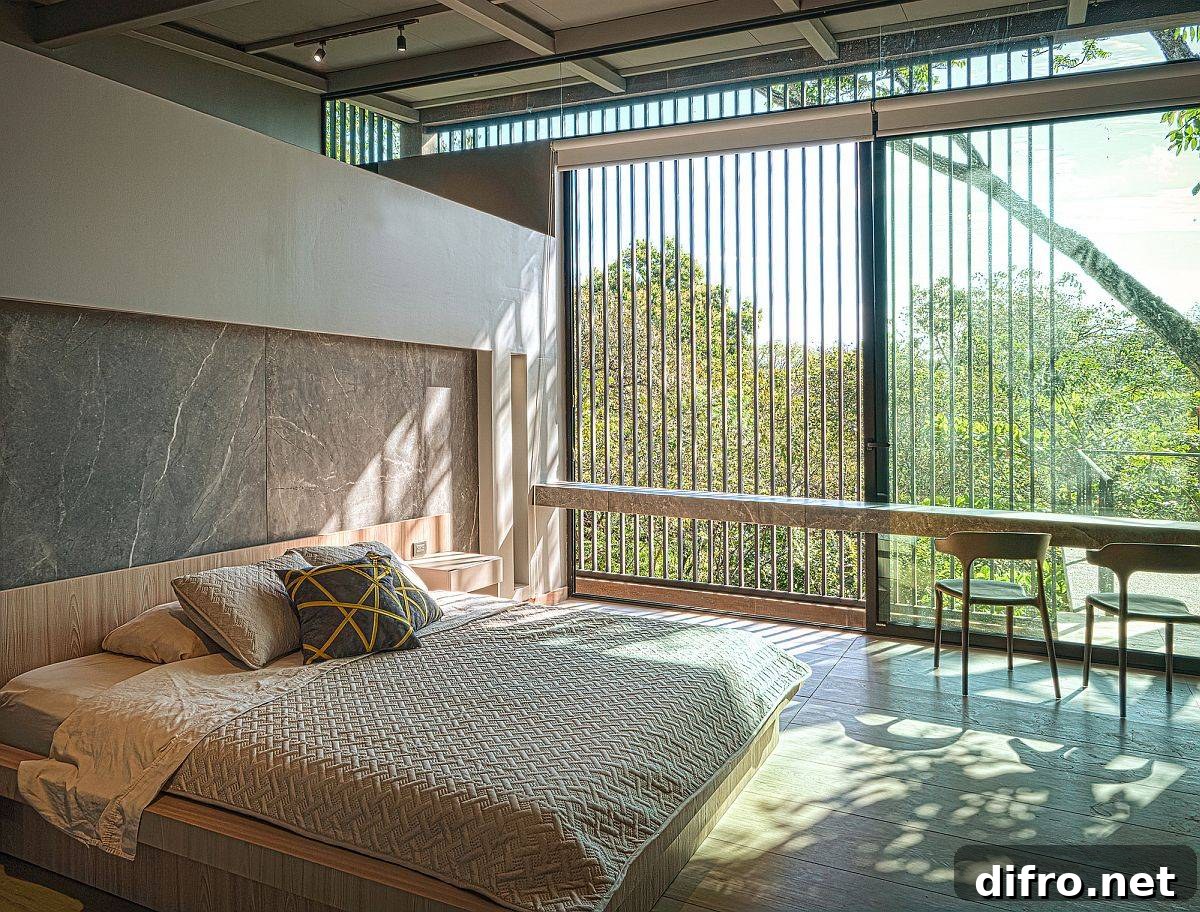 Modern bedroom with filtered light and views