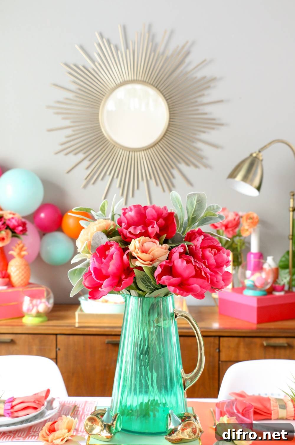 Colorful centerpiece with a blue pitcher