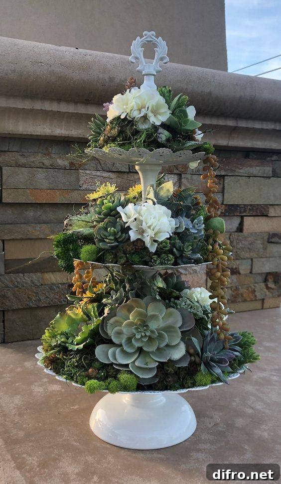 Tiered tray layered with succulents
