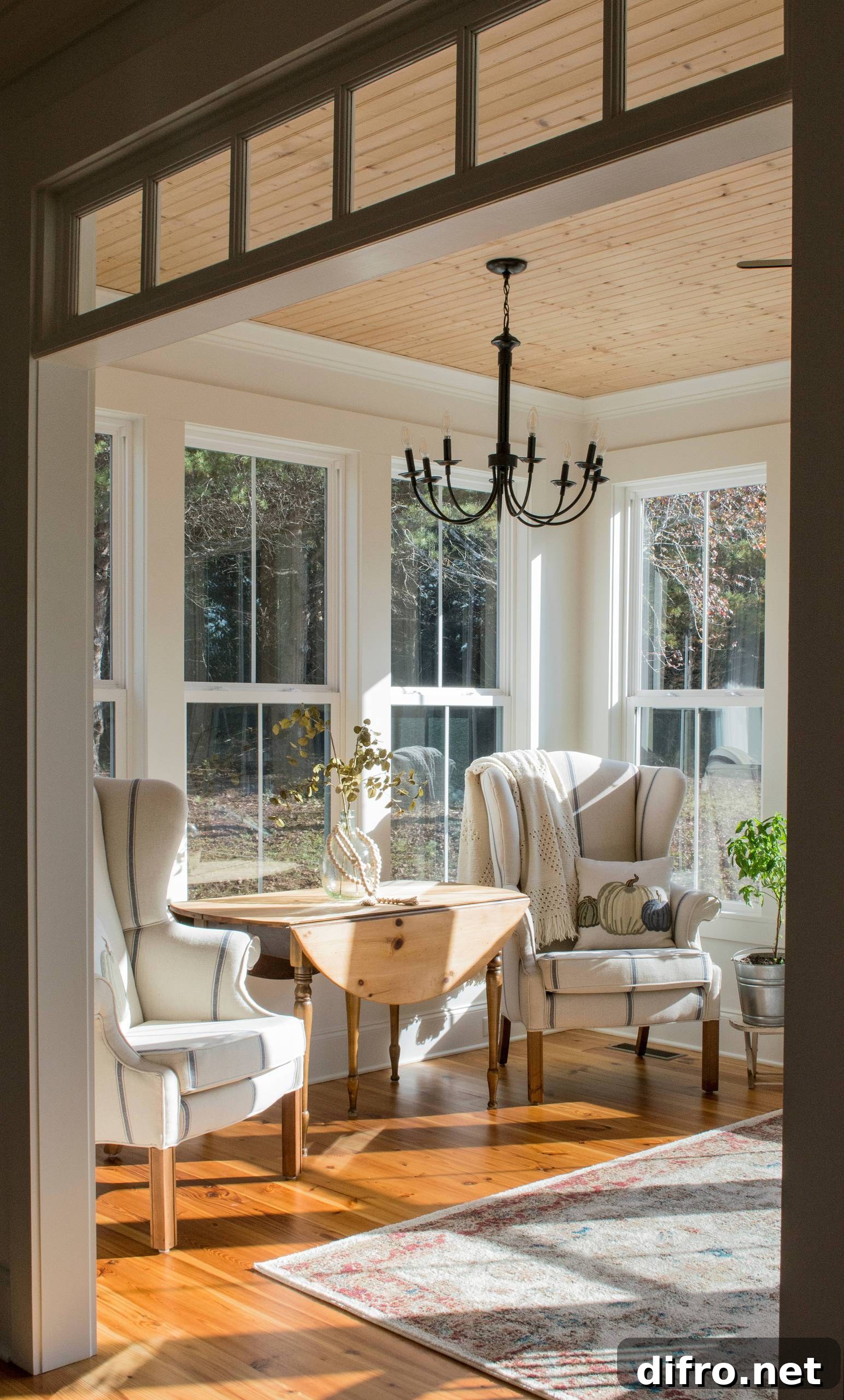 Farmhouse sunroom connecting indoors and outdoors