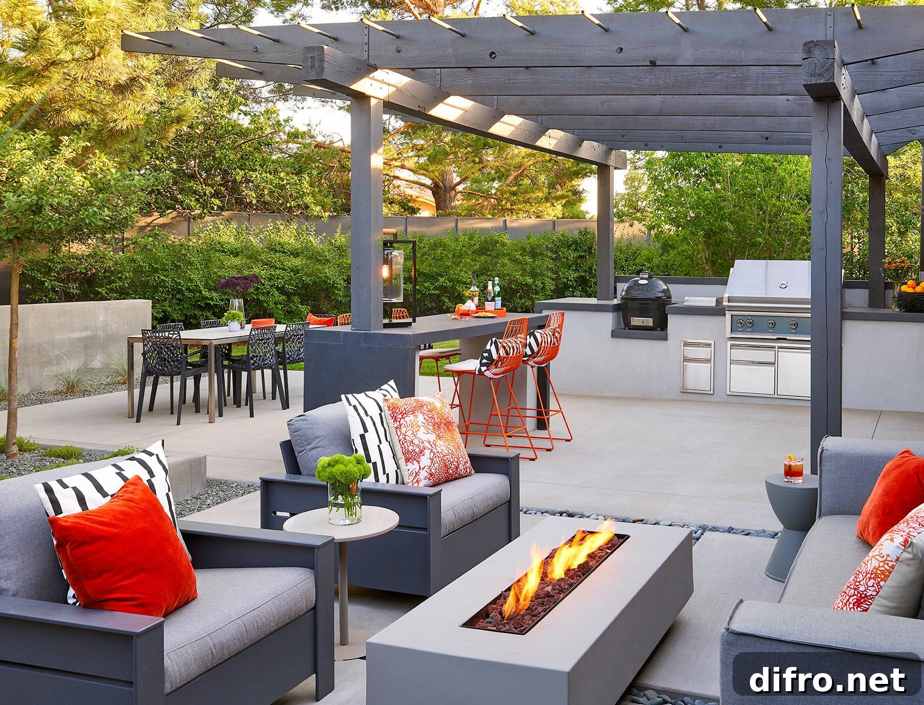 Outdoor seating with orange accents