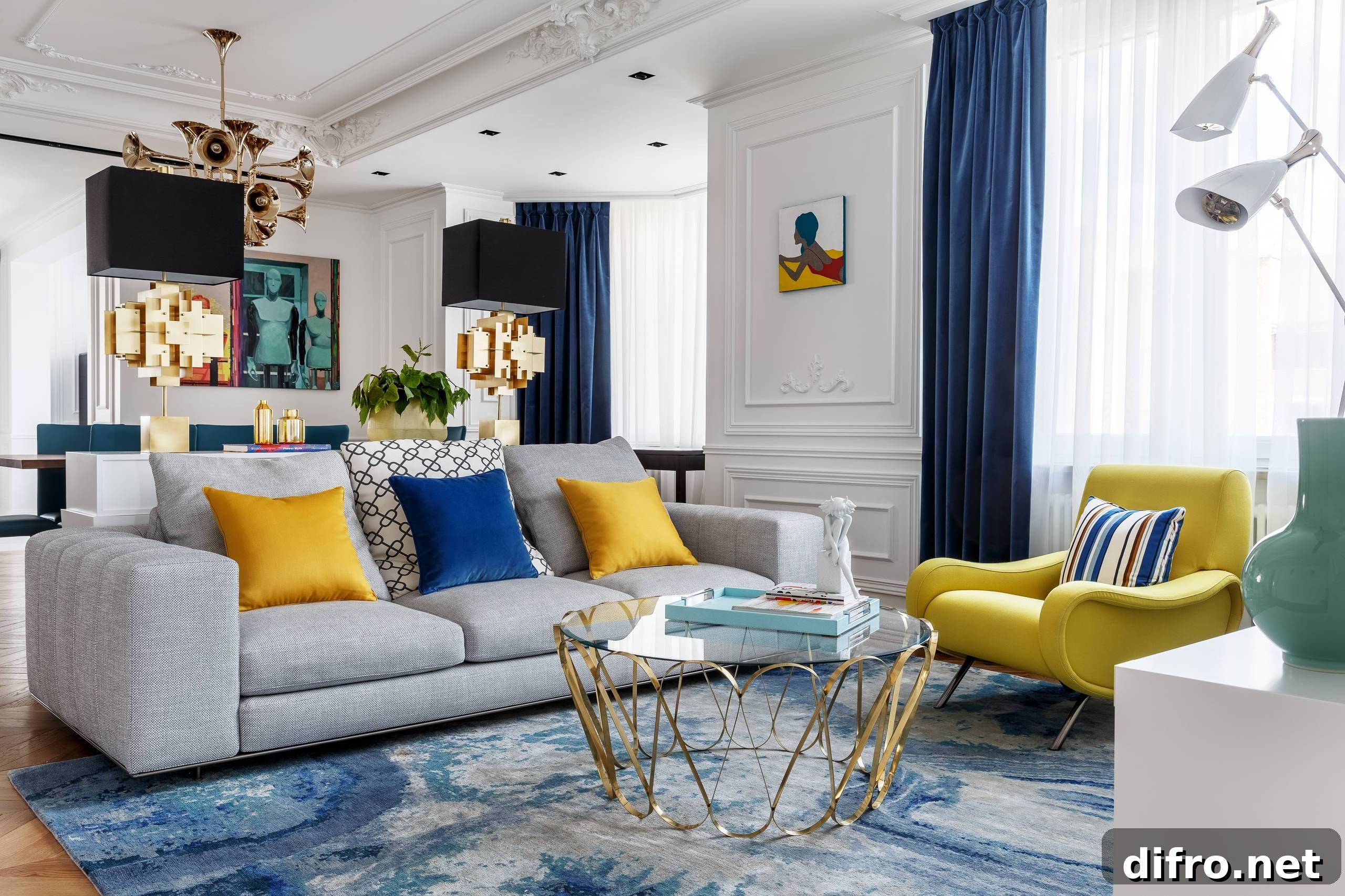 Yellow accents with blue contrast