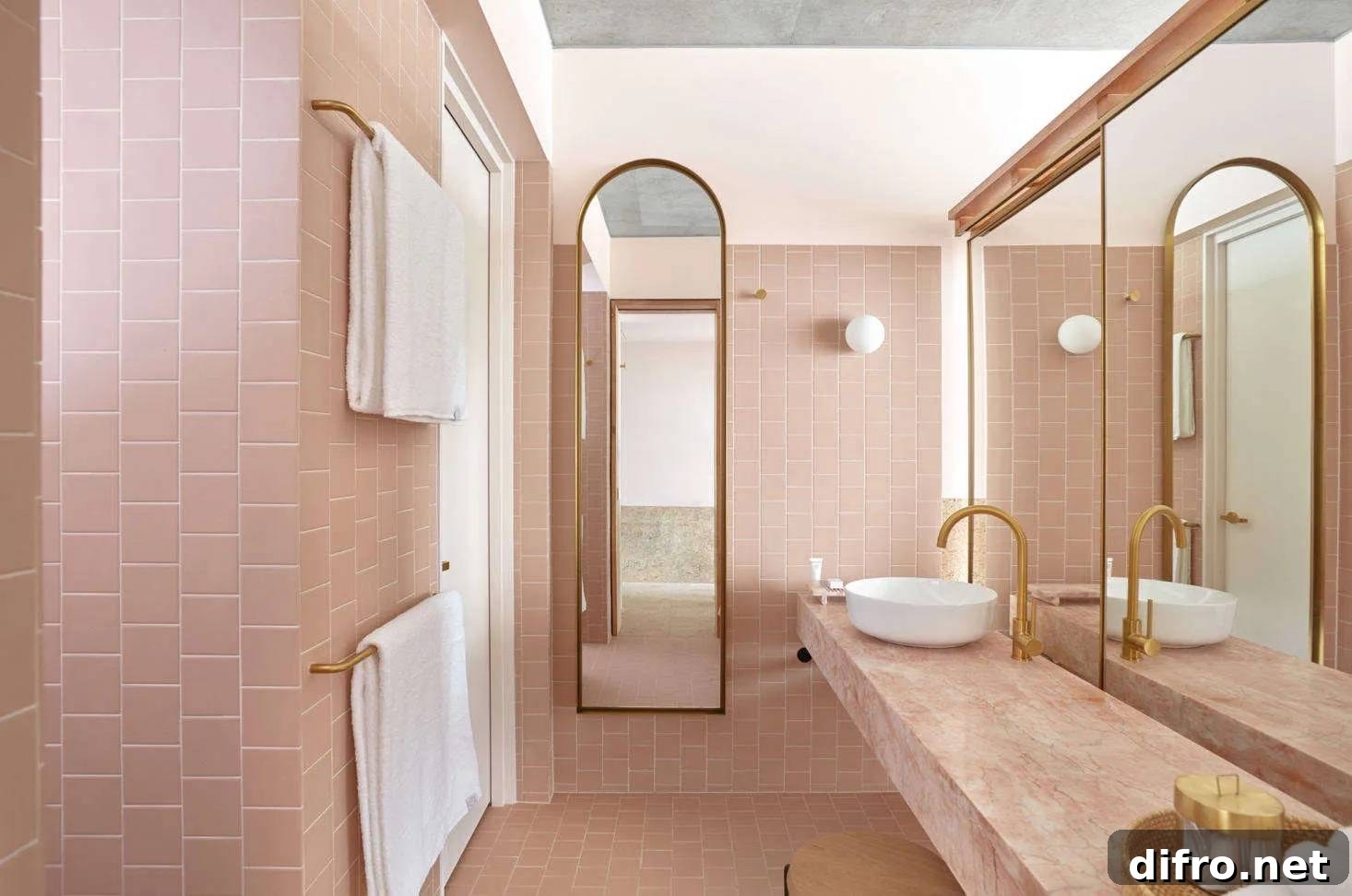 Pink tiled walls and vanity