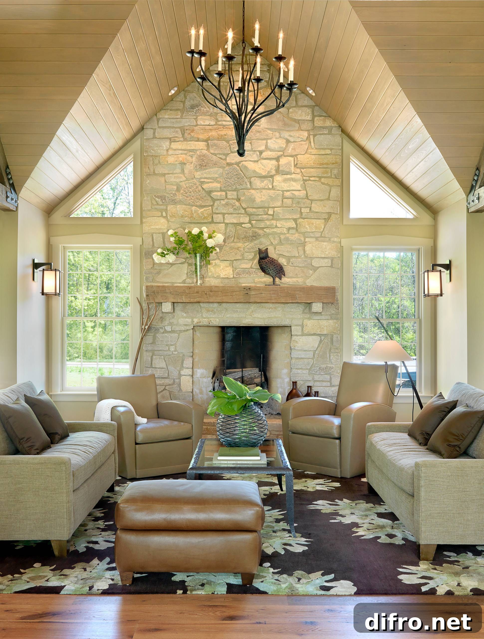 Stone fireplace complementary to exterior stone