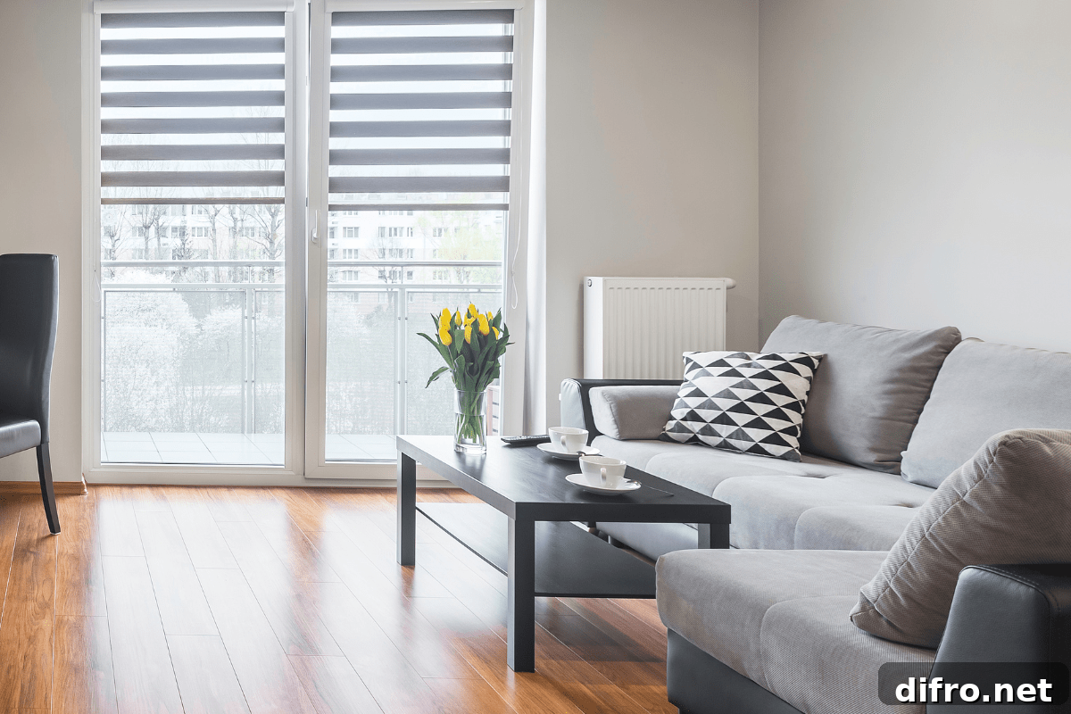 clean living room grey couch doors with blinds