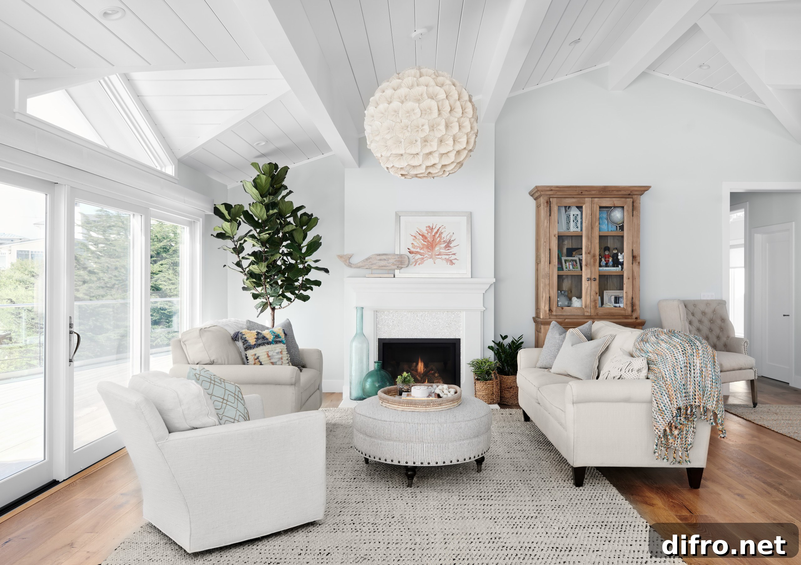 Modern coastal room with layered neutrals and blue accents