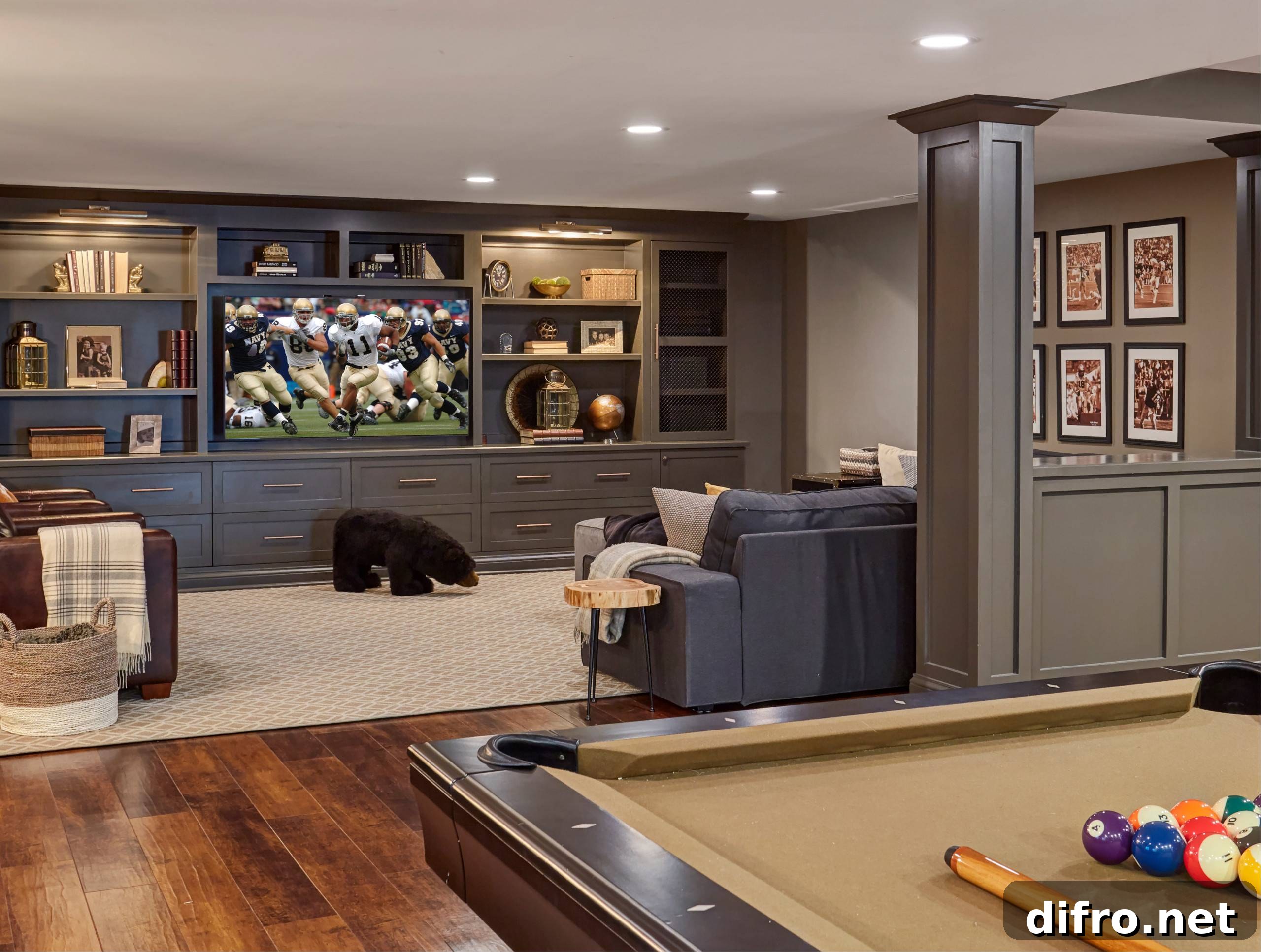 Basement entertainment area with seating and games