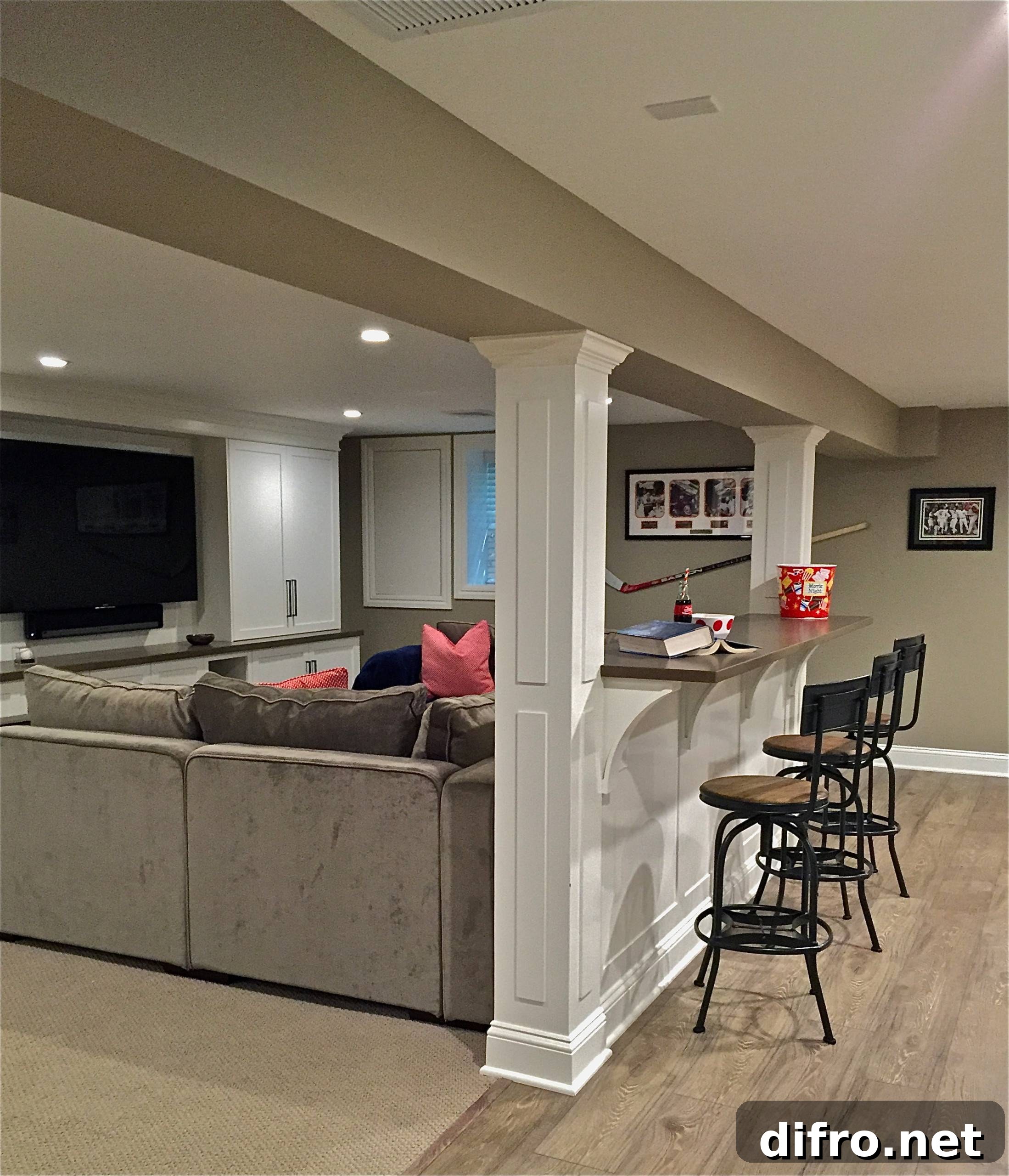 Basement home theater with bar