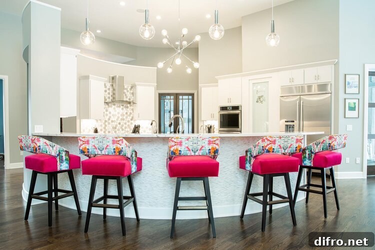 pink kitchen stools bright white curved island