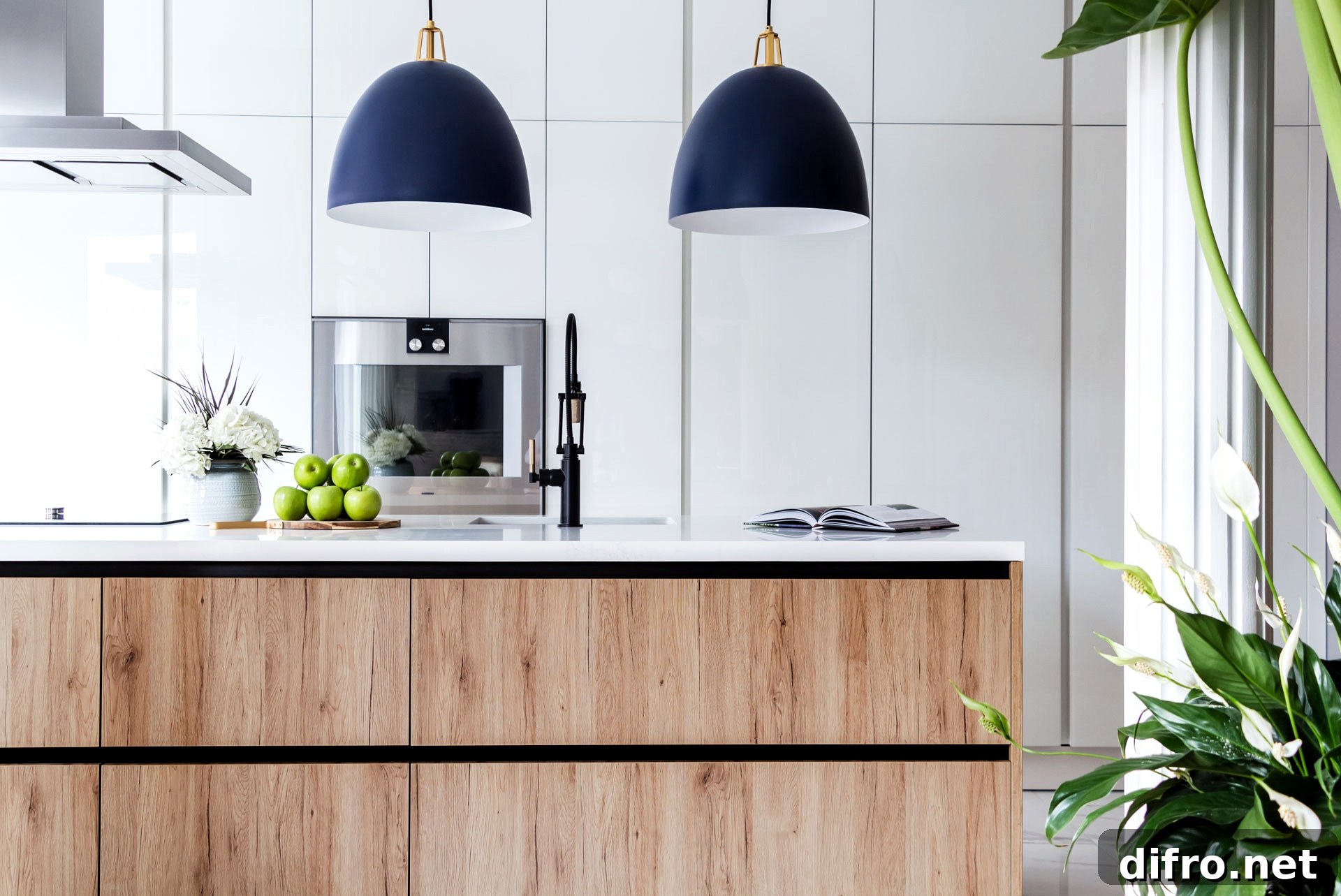 blue pendants kitchen wood island white cabinets