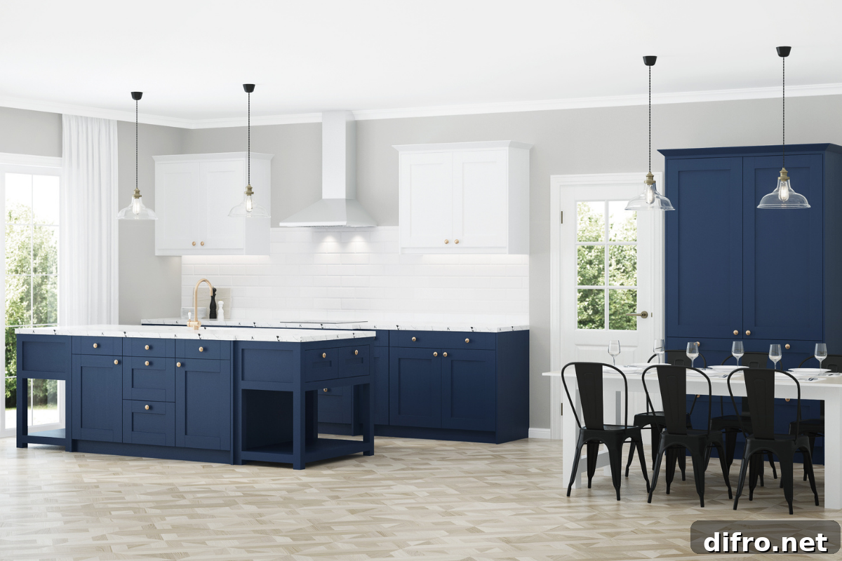 blue kitchen cabinets black farmhouse chairs white uppers hanging pendants