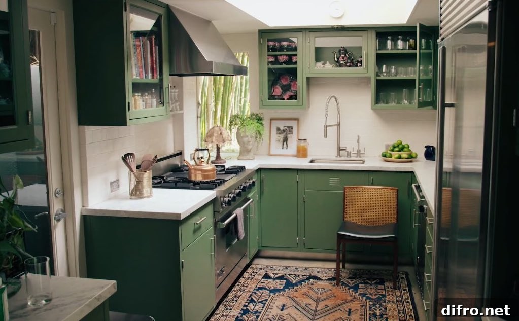 green kitchen carpet chair sink oven faucet open cabinets