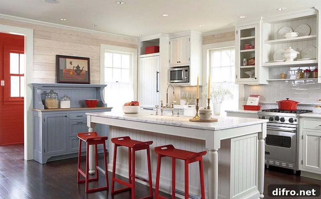 red stools kitchen white island blue cabinet big