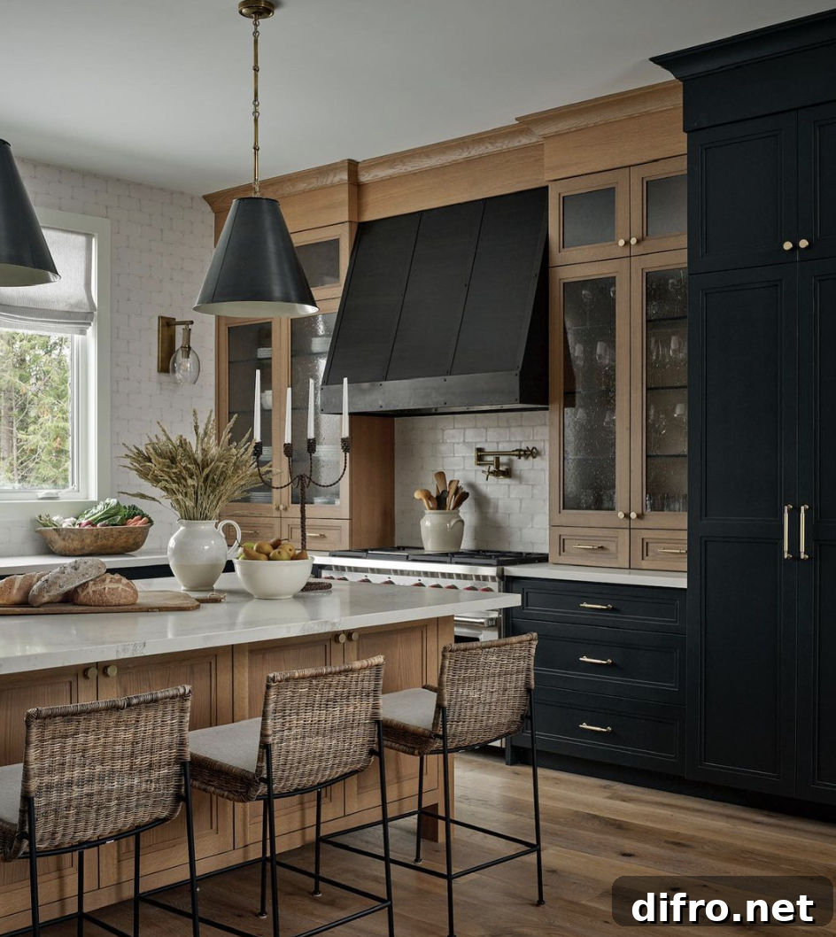 dark kitchen light wood cabinetry pendants oven range hood island stools