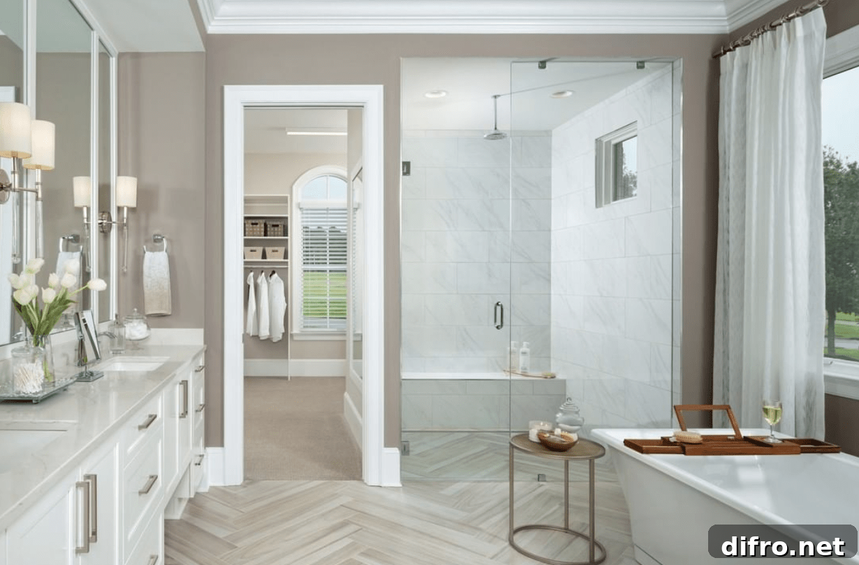 bathroom wide shot grey walls tiled shower