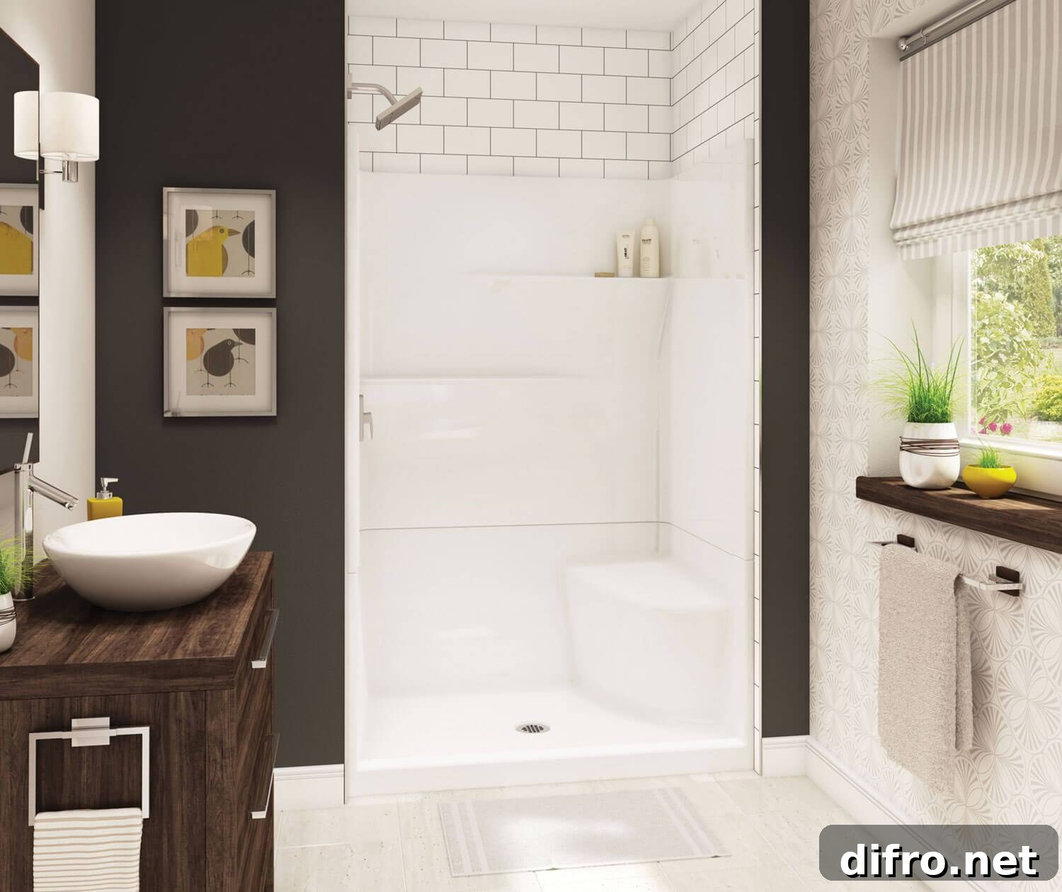 walk in shower dark grey bathroom wood vanity bowl sink