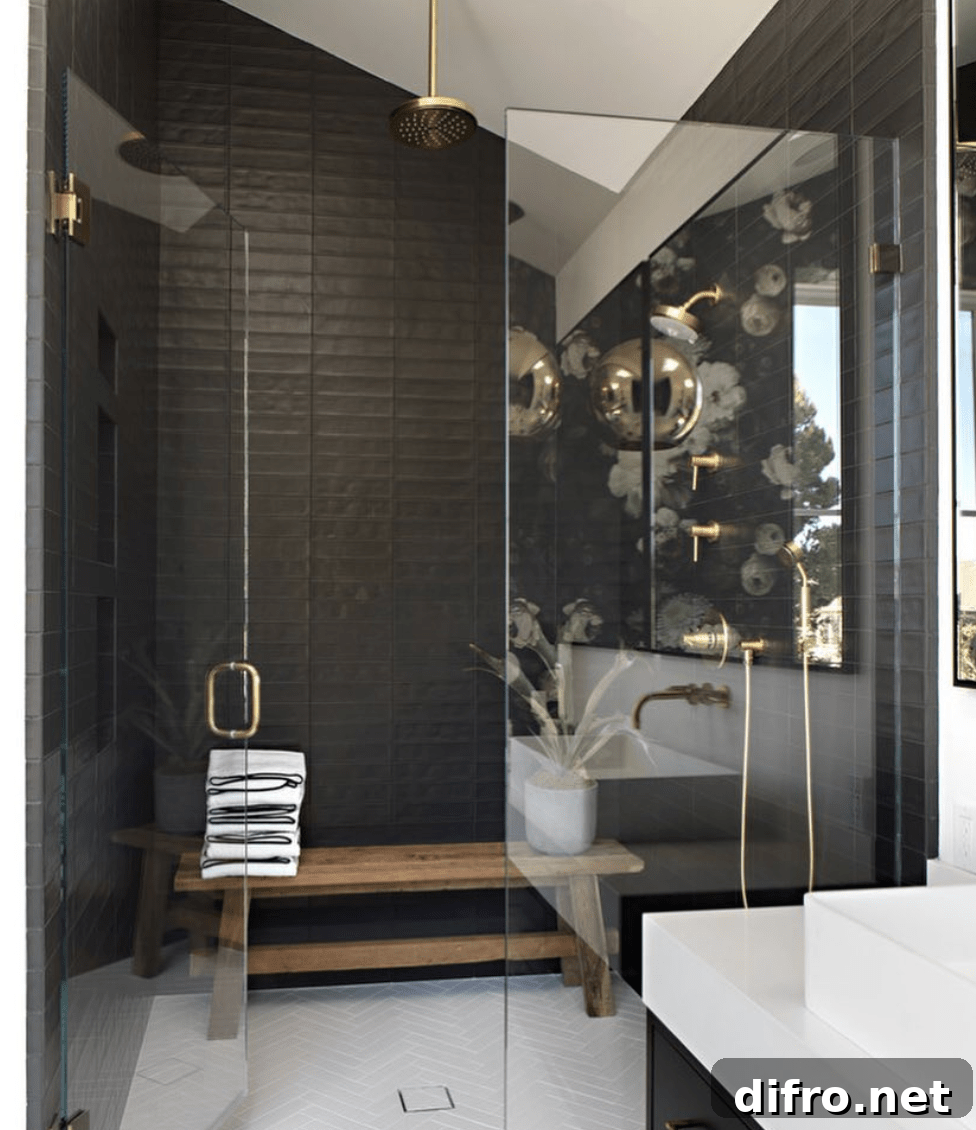 wood shower bench black tile walk in gold faucets