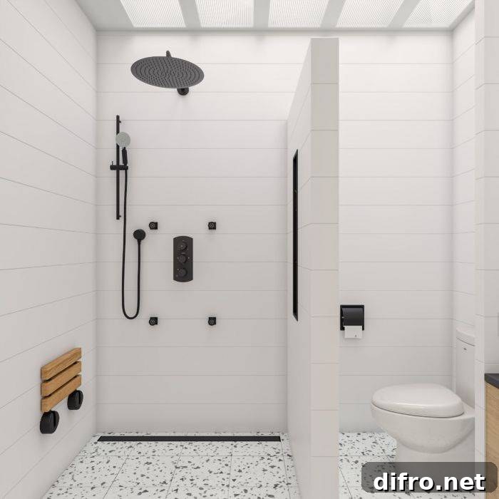 teak wood shower seat walk in black faucets toilet white tile