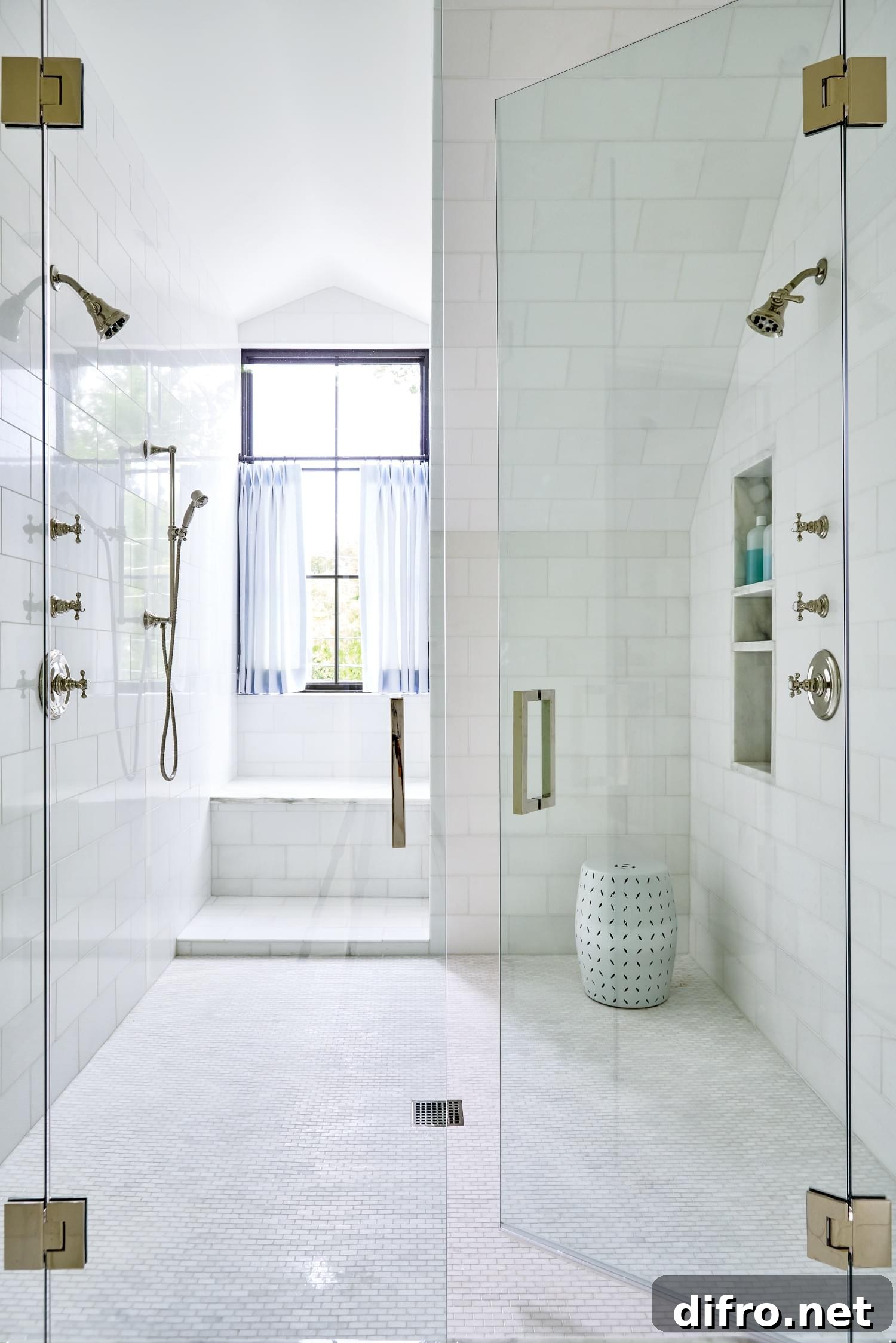 window shower seat white tile