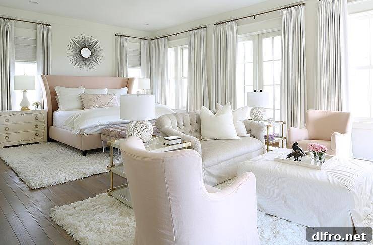pink light grey bedroom white curtains couch sitting chairs bedroom