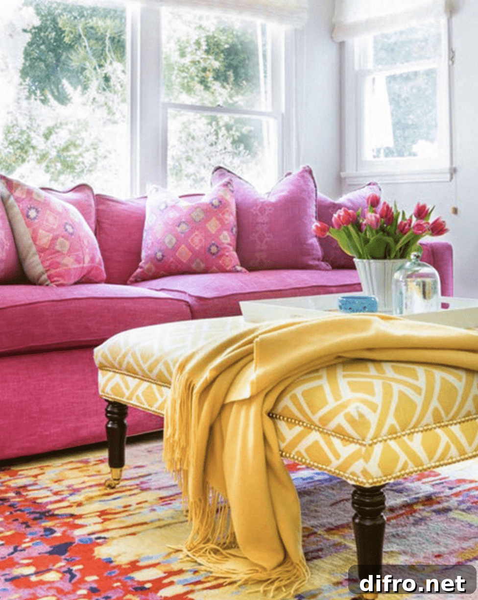 pink couch yellow ottoman throw blanket living room