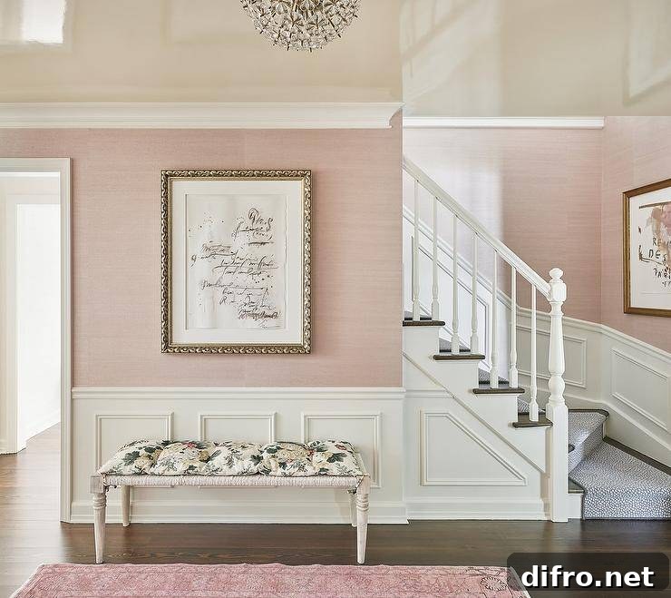 Pink walls white stair case bench large wall art
