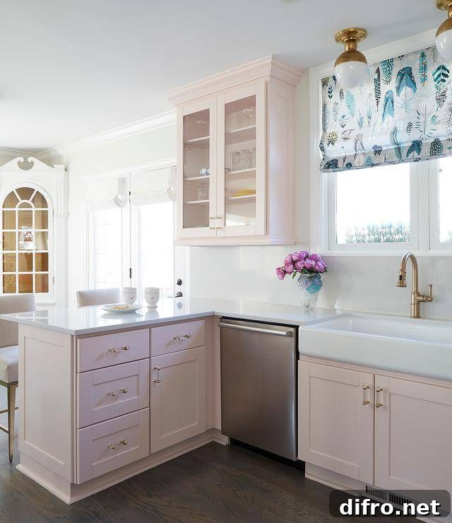 pink pastel kitchen cupboards white countertops