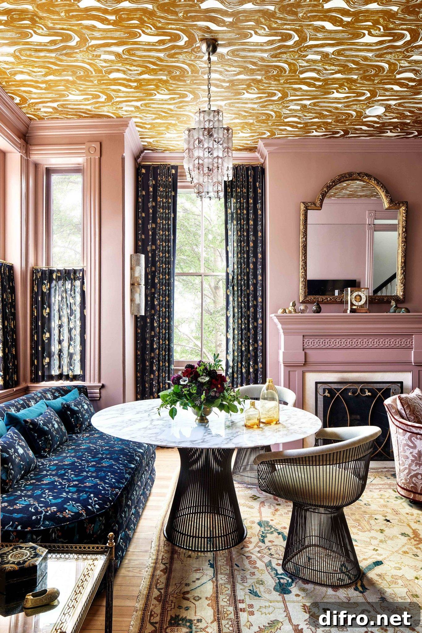 pink gold living room fireplace large mirror chandelier