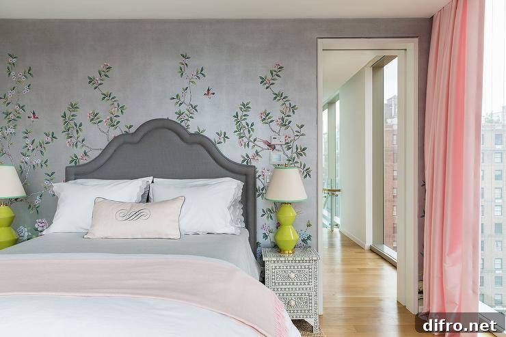 dark grey headboard bedroom flower decals wall lime green lamp pink bedding