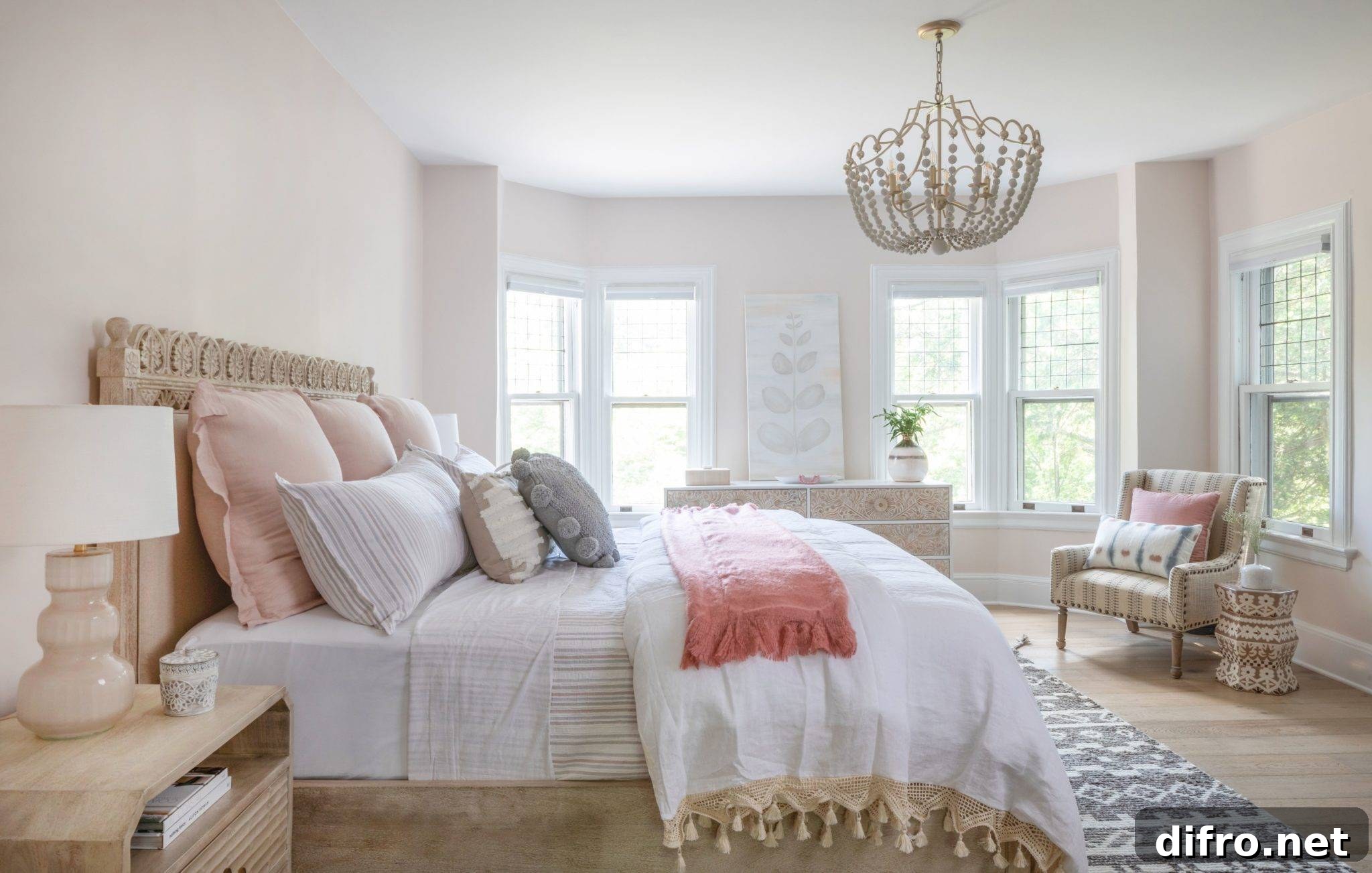 master bedroom large bed pink pillows bay window