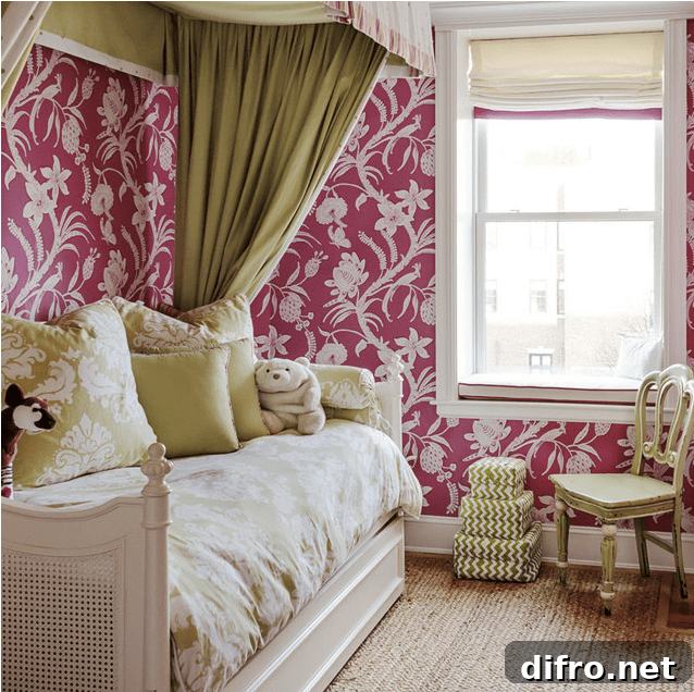 pink olive green bedroom with kid’s chair canopy