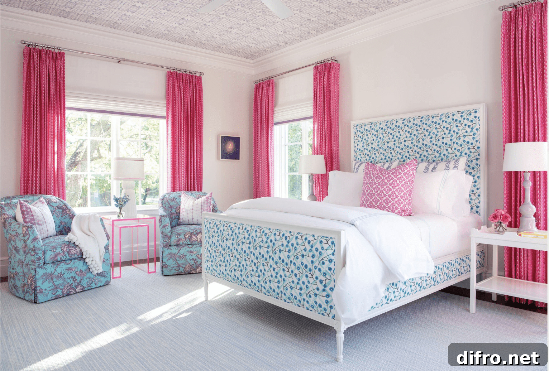 pink blue bedroom curtains bed sitting chairs