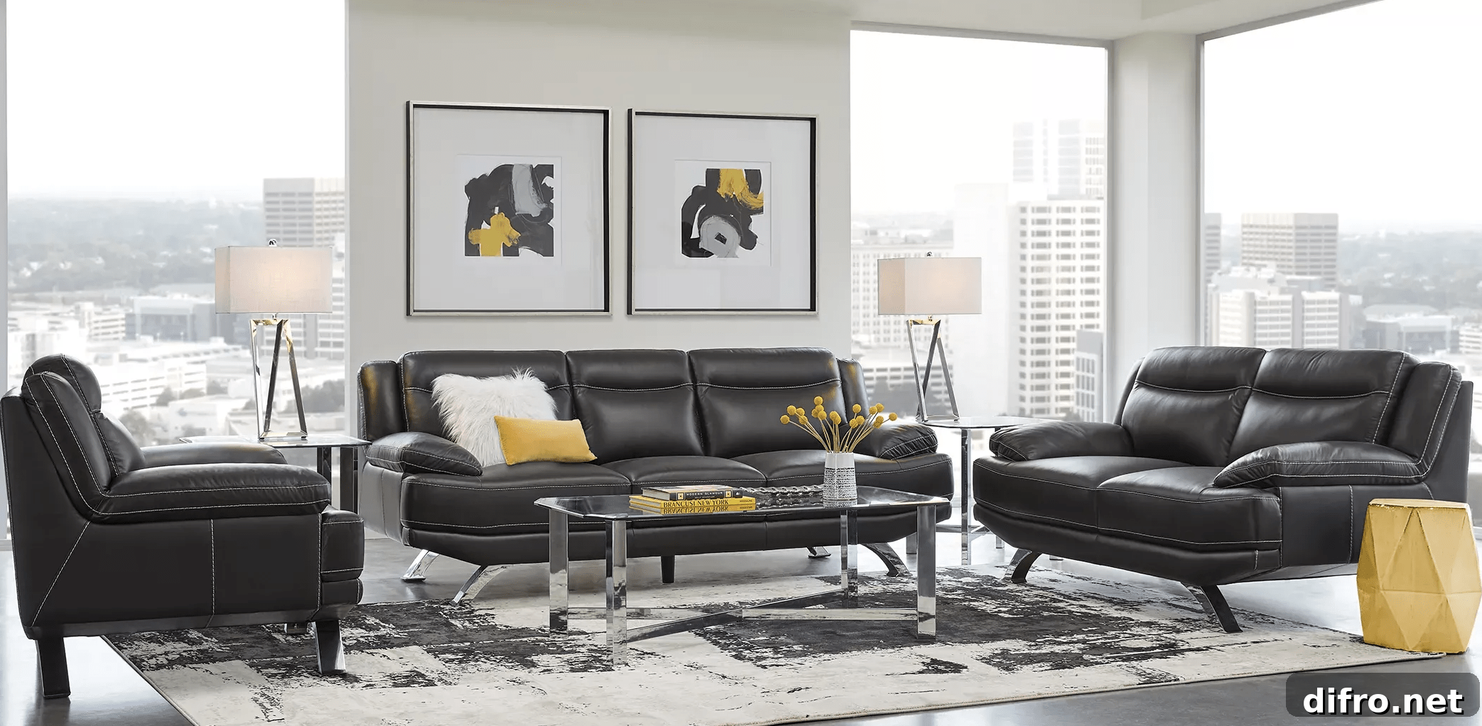 black leather sofa and couch in living room with yellow accents