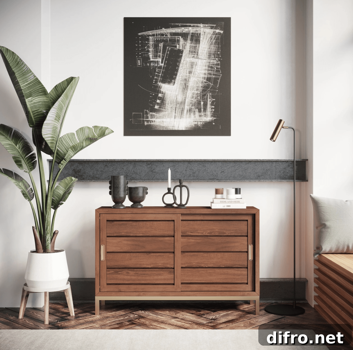 sideboard plant lamp and wall art wood