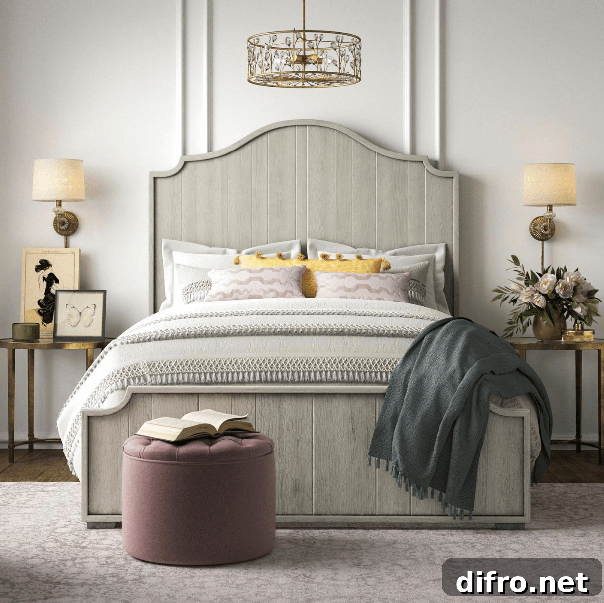 Large bed in primary bedroom grey with table lamps and nightstands
