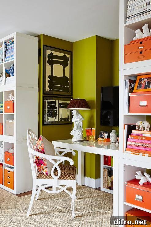 green wall office orange accents storage boxes white chair