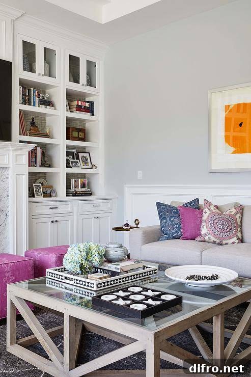 Living room coffee table bookshelf purple accent pillow orange wallart