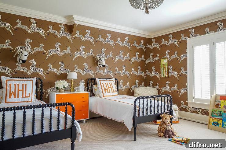 boys bedroom zebra pattern wallpaper twin beds orange nightstand