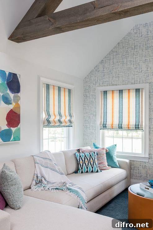 living room orange teal curtains pillow white sofa couch modern wall art