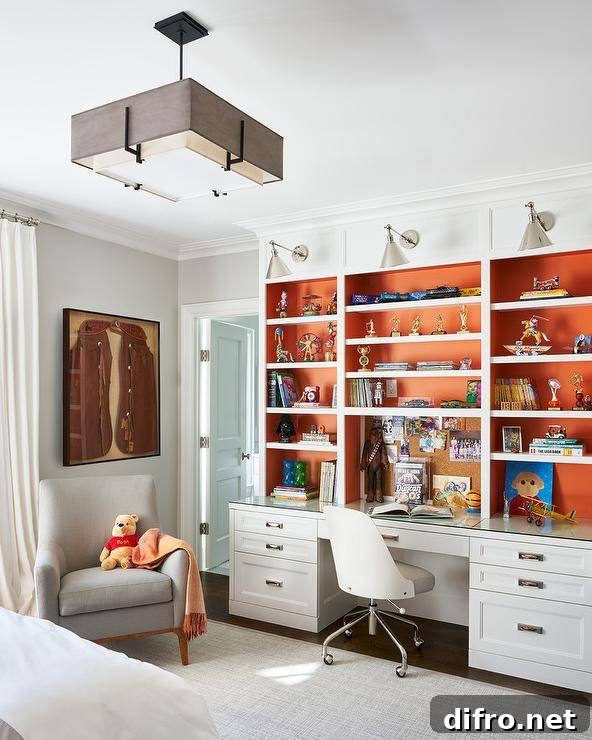 white bookshelf with orange backing boys room chair modern light fixture armchair carpet wall sconce lighting
