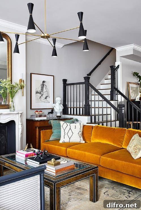 burnt orange sofa in front of black staircase wall art modern lighting