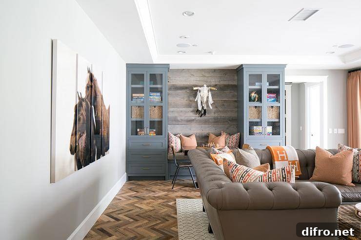 large grey sectional orange pillows wood shiplap accent wall bookcases blue horse wall art