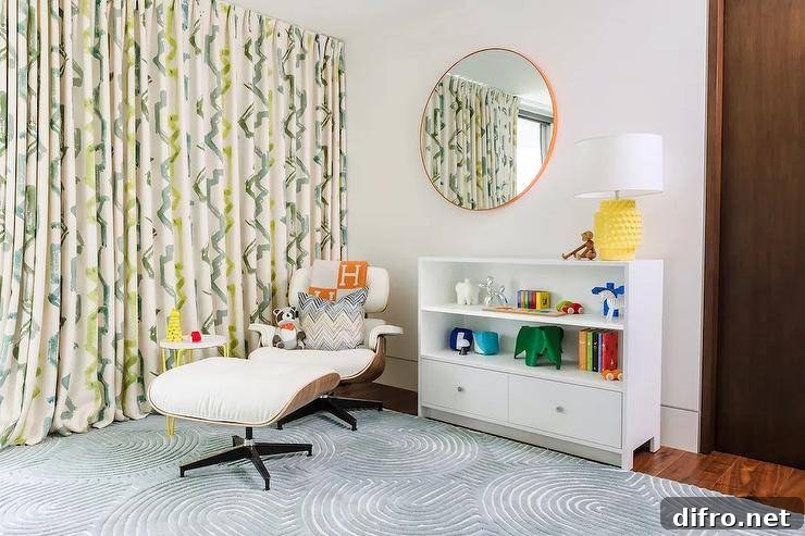 nursery sitting area orange frame mirror yellow lamp white chair ottoman dresser