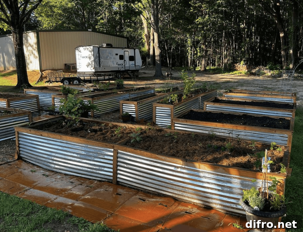 corrugated metal wood frame garden beds raised wide angle shot trailer in background