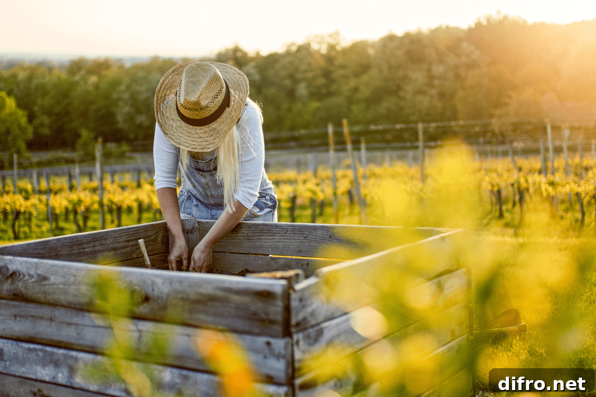 recycled pallet wood raised garden bed woman bending over wearing straw hat overalls